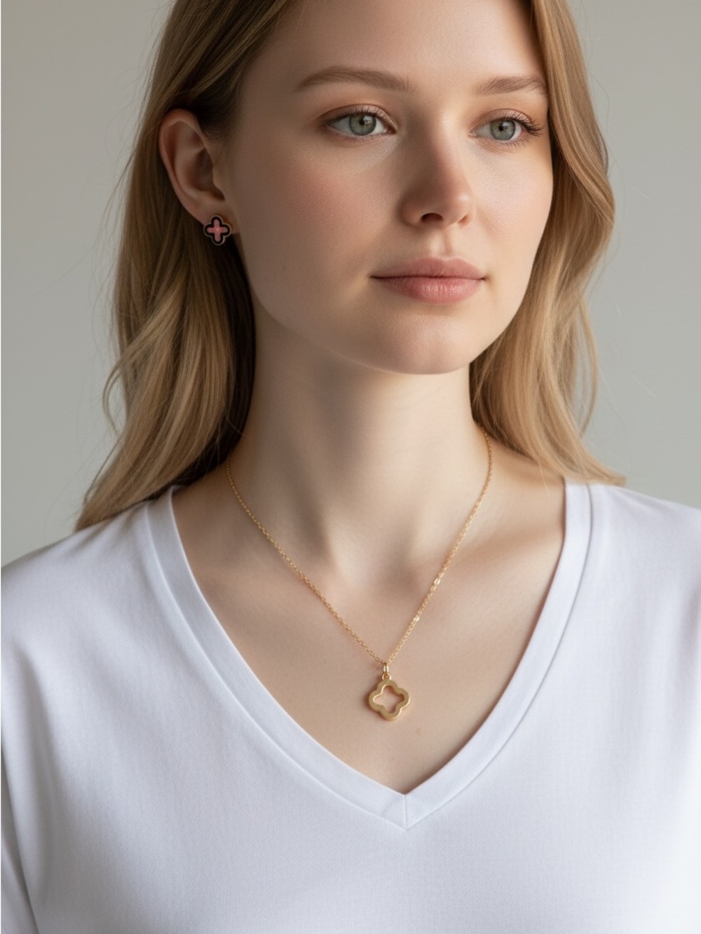 9/20 Gold Clover Pendant Necklace and Pink Clover Stud Earrings Set
